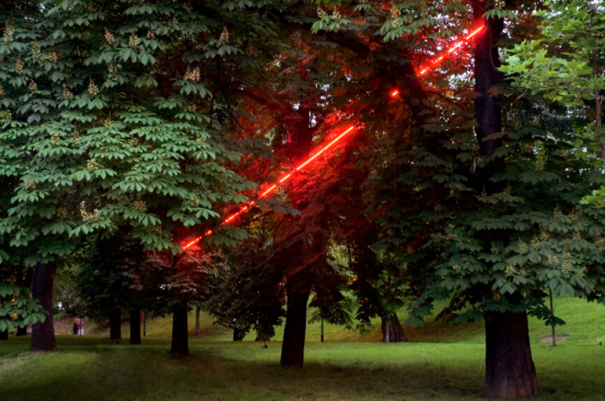 Pavel Korbička, North Line, 2008, neon light, transformer, cable, Park Špilberk